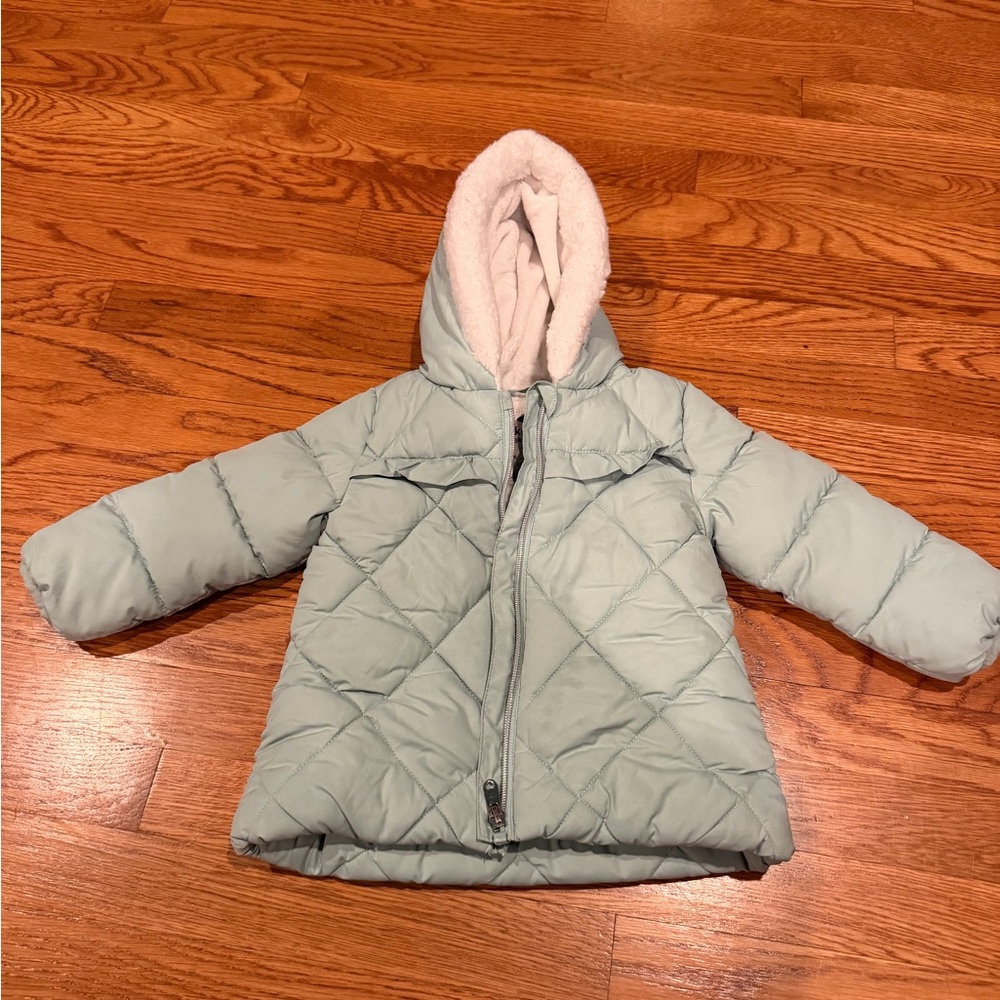 Light Sage Quilted Puffer Hooded Jacket with Fleece Lining